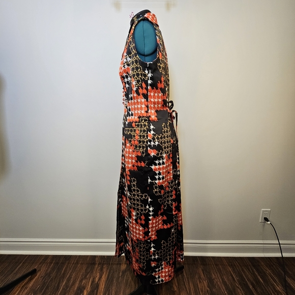 Black and red pattern retro satin taffeta like front slit lined maxi dress M - Picture 3 of 5
